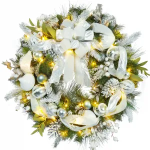 Christmas Wreath, 30 Inch Outdoor Christmas Wreath for Front Door, Battery Operated Xmas Wreath with Silver White Ball Ornaments Bows and 40 LED Lights for Home Holiday Decor