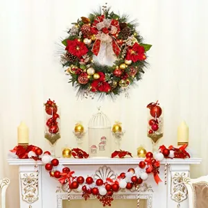 30 Inch Christmas Wreath, Prelit Christmas Door Wreath with 40 LED Lights Christmas Balls Pine Cones Bow, Large Xmas Wreath for Front Door Indoor Outdoor Decor