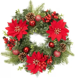 16 Inch Christmas Wreath, Outdoor Christmas Wreath with Red Artificial Poinsettia Flowers Ball Ornaments Pine Cones Berries for Door Wall Window Fireplace Home Holiday Decorations