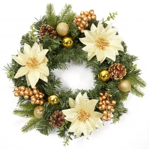 16 Inch Christmas Wreath for Front Door, Xmas Door Wreath with Balls, Artificial Flowers, Berries & Pine Cones for Fireplace Wall Window Table Centerpiece Decoration, Gold