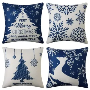 Christmas Pillow Covers Christmas Deer Snowflake Tree Pattern Faux Linen Cushion Case Farmhouse Pillow Sham Red Pillow Cases for Winter Holiday, 18×18, 4 pcs