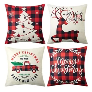 4 Pcs Christmas Pillow Covers 18×18 Inches Christmas Decoration Tree Deer Truck Merry Christmas Pillow Case Square Cushion Covers