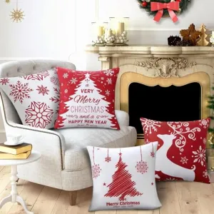 Christmas Pillow Covers 18x18 Inch for Fall Decor Set of Red Xmas Throw Pillow Covers Winter Holiday Decor Pillow Covers Farmhouse Rustic Decorative Cushion Covers for Sofa Couch