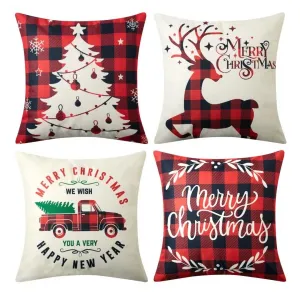 Christmas Decoration Throw Pillow Covers 18×18 Set of 4 Christmas Snowman Tree Deer Pattern Pillow Case Faux Linen Cushion Case for Sofa Couch Chair