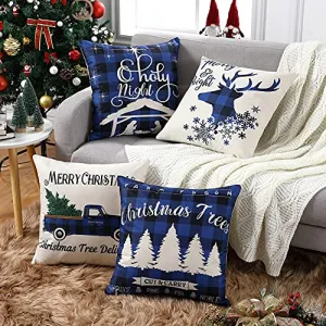 Christmas Pillow Covers 18x18 Inch Set of 4, Christmas Decorations Farmhouse Throw Pillow Cases Cotton Linen Xmas Cushion Covers for Sofa Couch Holiday