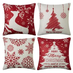Christmas Linen Pillow Covers Snowflake Deer Tree Print Decorative Pillowshams 18×18 Inches 4 pcs Rustic Pillow Case for Living Room Bedroom Dining Room