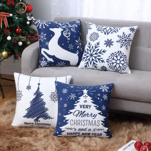 Christmas Velvet Pillow Covers 18×18 inches 4Packs Christmas Throw Pillow Covers Deer Snowflake Tree Pattern Cushion Case for Christmas Decoration for Couch Bed, Blue