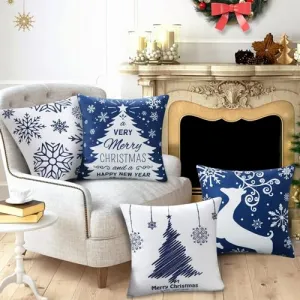 Christmas Pillow Covers 18x18 Set of 4 Blue Christmas Decorative Throw Pillow Covers with Snowflake Santa Trees Christmas Farmhouse Decor for Couch Bed, Blue