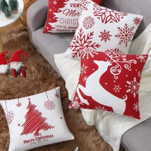 Christmas Pillow Covers 18x18 Set of 4 Red Christmas Decorative Throw Pillow Covers with Snowflake Santa Trees Christmas Farmhouse Decor for Couch Bed, Red