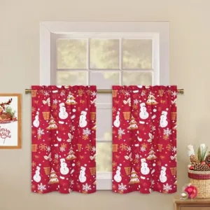 Christmas Kitchen Curtains 2 Pcs Velvet Fabric Short Curtains Cut Snowman Rod Pocket Design Cafe Curtains Falling Snowflake Print Decor for Home Bedroom Decor, 26" x 30", Red