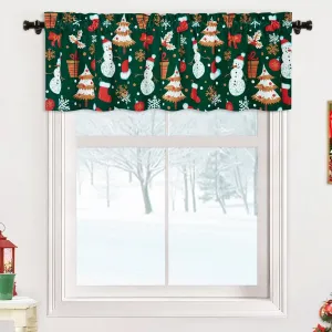 Christmas Valance, 1 Panel Green Snow Man Christmas Window Curtain Valance Velvet Thermal Insulated Cafe Curtains for Kitchen Living Room Bathroom Grommet Christmas Drapes, 52" x 15"
