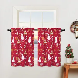 24 Inch Length Xmas Cafe Curtains Rod Pocket Design Velvet Kitchen Curtains Snowman and Falling Snowflake Short Curtains for Bedroom Bathroom Living Room, Set of 2, 26" x 24", Red