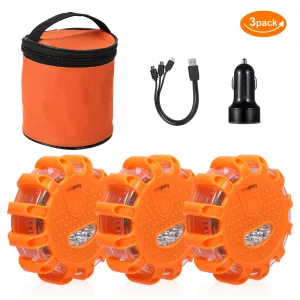 3 Pack USB Rechargeable LED Road Flares Emergency Lights Roadside Safety Beacon Disc Flashing Warning Flare Kit with 1 USB Car Charger,Magnetic Base & Hook for Car Truck Boats (Batteries Included)
