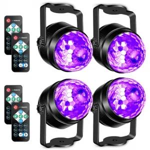 UV Black Lights for Glow Party, 6W LED Disco Ball Strobe Lights for Dark Party Supplies, Sound Activated with Remote Control, Dj Light for Halloween Xmas Birthday Party Home Decorations, 4 Pack
