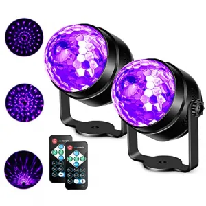 UV Black Lights for Glow Party, 6W LED Disco Ball Strobe Lights for Dark Party Supplies, Sound Activated with Remote Control, Dj Light for Halloween Xmas Birthday Party Home Decorations, 2 Pack
