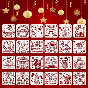 Christmas Painting Stencils, 24 PCS Journal Stencil Plastic Stencils，Children Stencil Drawing Set for DIY Card, Window, Wood, Cookie and Paper, Fabric, Glass, Wall Art