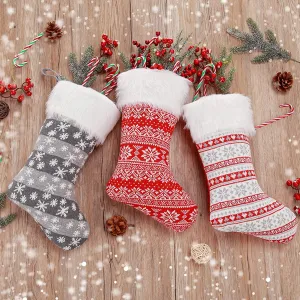 Christmas Stockings, 3 Pack 18 Inches Personalized Xmas Stockings, Snowflake Plaid with White Faux Fur Edge Stocking Gifts & Decorations for Family Holiday Xmas Party (Red White Gray)