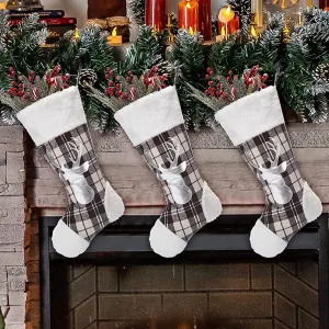 3 Pack Christmas Stockings, 20 Inch Santa Stocking with Sliver Moose for Christmas Decoration, Fireplace Hanging Stockings Hanging Decoration For Home Family Party Tree, Gifts (White & Black)