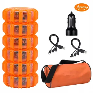 6PCS USB Rechargeable LED Road Flares Emergency Lights, 9 Custom Modes, Lnternal Lithium Battery, Magnetic Base, for Vehicles & Boat, IPX5, PC+TPR