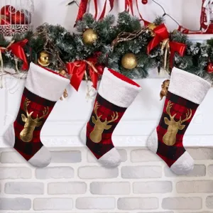 3 Pack Christmas Stockings, 20 Inch Santa Stocking with Gold Moose for Christmas Decoration, Fireplace Hanging Stockings Hanging Decoration for Home Family Party Tree, Gifts (Red & Black)