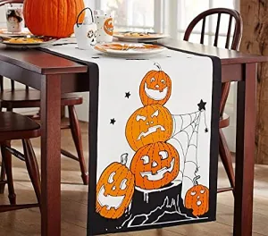 Halloween Table Runner, Cotton Linen Table Runner , Jack-O-Lantern Pumpkin Decorative Washable Tablecloth for Bedroom Home Living Room Scary Movie Night Party Dinner Scarf Décor-13" x 70"