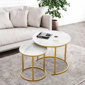 Modern Round Coffee Table Set of 2 - Faux Marble Top, Metal Frame, Nesting Design, Sturdy & Durable, Easy Assembly, Suitable for Living Room