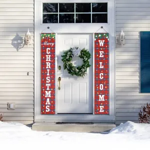 Merry Christmas Banner Front Porch Sign, Buffalo Plaid Christmas Door Banner,Hanging Christmas Door Decorations for Front Door Welcome Banner For Indoor Outdoor Wall