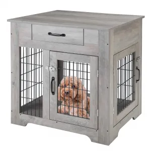 Wood Look Dog Crate End Table with Drawer, Chew-Proof Metal Fence, Indoor Pet Crate, Grey, Suitable for Small Dogs