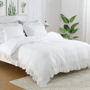 White Ruffle Duvet Cover Queen Size, 3PCS Soft Washed Microfiber Vintage French Country Duvet Cover Set for Queen Bed, White, 90x90"