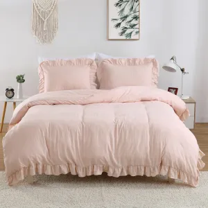 Juego de Funda de edredón de 3 Piezas con Volantes Rosados, de Microfibra Suave Lavada, Estilo clásico, para Cama Queen, Rosa, 90 x 90 Pulgadas