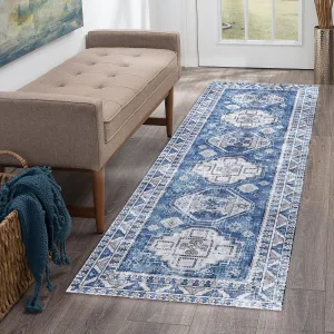 Runner Rug 2x8 Feet Washable Non-Slip Vintage Medallion Hallway Runner, Stain Resistant Traditional Distressed Kitchen Mat Laundry Entryway Carpet Runner for Doorway Bedside, Blue