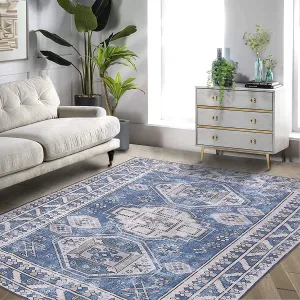 Area Rug Machine Washable Extral Large 9' x 12' Boho Distressed Area Rugs Traditional Chic Carpet Coffee Table Rug Farmhouse Vintage Dining Table Rug Office Bedroom Decor, Blue