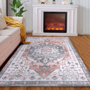 Vintage Area Rug, Non-Slip Rubber Back Washable Low-Pile Indoor Accent Throw Rug, Floor Cover for Kitchen Bedroom Living Room Office Entryway Dorm