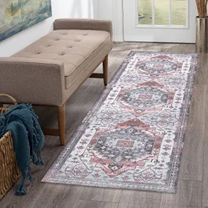 Runner Rug Traditional Medallion Area Rug 2' x 8' Persian Soft Entryway Rug Washable Non-Slip Distressed Bedroom Mat Indoor Entrance Carpet for Living Room Kitchen Bath Office, Peach
