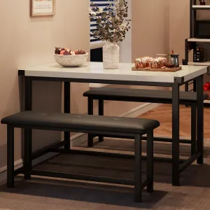 Dining Table Set for 4, Kitchen Table with 2 Upholstered Benches, Rectangular Dining Room Table Set, 3 Piece Kitchen Table Set for Small Space, Apartment, Studio, Marble White