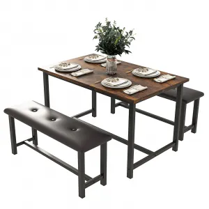 Dining Table Set for 4 with Upholstered Benches, Space-Saving, Rectangular, Rustic Brown, Metal Frame, MDF Board, Perfect for Home, Kitchen, Dining Room