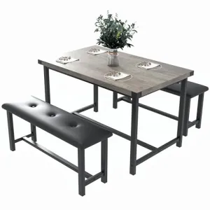 Kitchen 2 Upholstered Benches Dining Table Set for 4, Retro Grey