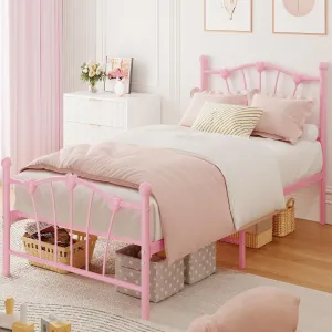 Twin Size Bed Frame, Heart Shaped Metal Bed Frame with Headboard and Footboard, Platform Bed Frame with Sturdy Slat Support, Underbed Storage Space, No Box Spring Needed, Pink