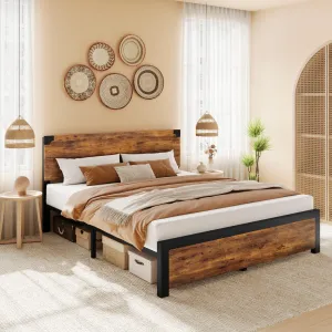 Queen Bed Frame, Platform Queen Size Bed Frame With Wood Headboard, Metal Queen Bed Frame With Under Bed Storage and Support Legs, Noise Free, No Box Spring Needed, Easy Assembly-Rustic Brown