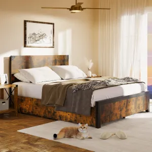 Bed Frame with 4 Drawers, Rustic Wood and Metal Frame with Large Storage, Noise Free, No Box Spring Needed