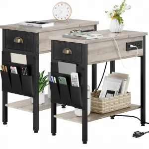 Side Charging Station Grey end Table, 2 Pcs