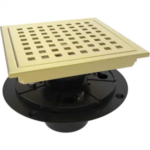 Square Shower Floor Drain, 4 Inch Brushed Gold Drain Strainers, Removable Grid Grate, Drain Kit with Flange with Hair Filter, 304 Stainless Steel, Abs Fixing Tray, CUPC Certified (Brushed Gold)