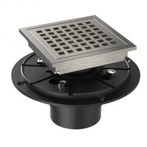 Square Shower Floor Drain 6 Inch with Flange, Matte Black, Brushed SUS 304 Stainless Steel with Removable Cover Grid Grate, Shower Floor Drain Kit 6" Brushed Nickel