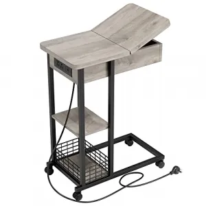 C Shaped End Table with Charging Station + Flip Top + USB Ports + 3 Tier Storage Shelf + Wheels + Living Room & Bedroom