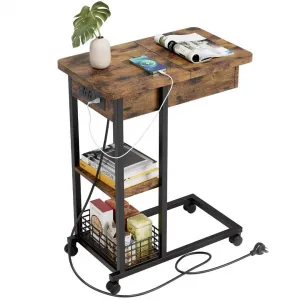 C Shaped End Table with Charging Station, Flip Top, 3 Tier Storage Shelf, USB Ports, Outlets, Wheels, for Living Room & Bedroom
