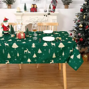 Christmas Table Cloth Rectangle 60x84 Inch, Waterproof Holiday Xmas Deer Tree Kitchen Farmhouse Christmas Table Decorations for Home Dining Party, Oblong Table Cloth for Indoor Outdoor, Green