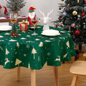 Christmas Table Cloth Round 60 Inch, Waterproof Winter Holiday Xmas Deer Tree Kitchen Christmas Decorations for Table, Round Table Cloth for Home Party Dining Table Décor Indoor Outdoor, Green