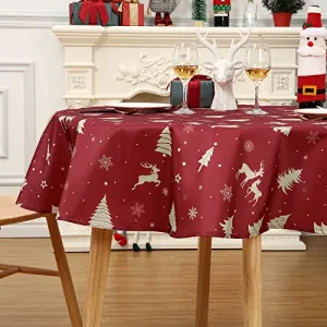 Christmas Table Cloth Round 60 Inch, Waterproof Winter Holiday Xmas Deer Tree Kitchen Christmas Decorations for Table, Round Table Cloth for Home Party Dining Table Décor Indoor Outdoor, Gold