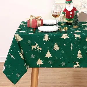 Christmas Table Cloth Rectangle 60x120 Inch, Waterproof Holiday Xmas Deer Tree Kitchen Farmhouse Christmas Table Decorations for Home Dining Party, Oblong Table Cloth for Indoor Outdoor, Green