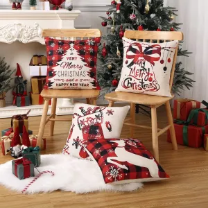Christmas Pillow Covers 18x18 Set of 4 Buffalo Plaid Christmas Decorative Throw Pillow Covers Winter Holiday Cushion Case with Christmas Tress Bell Deer Print for Sofa Couch, Red